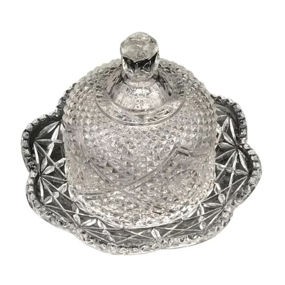 Avon Vintage Clear Patterned Glass Round Covered Butter Dish 1970’s - Picture 2 of 5